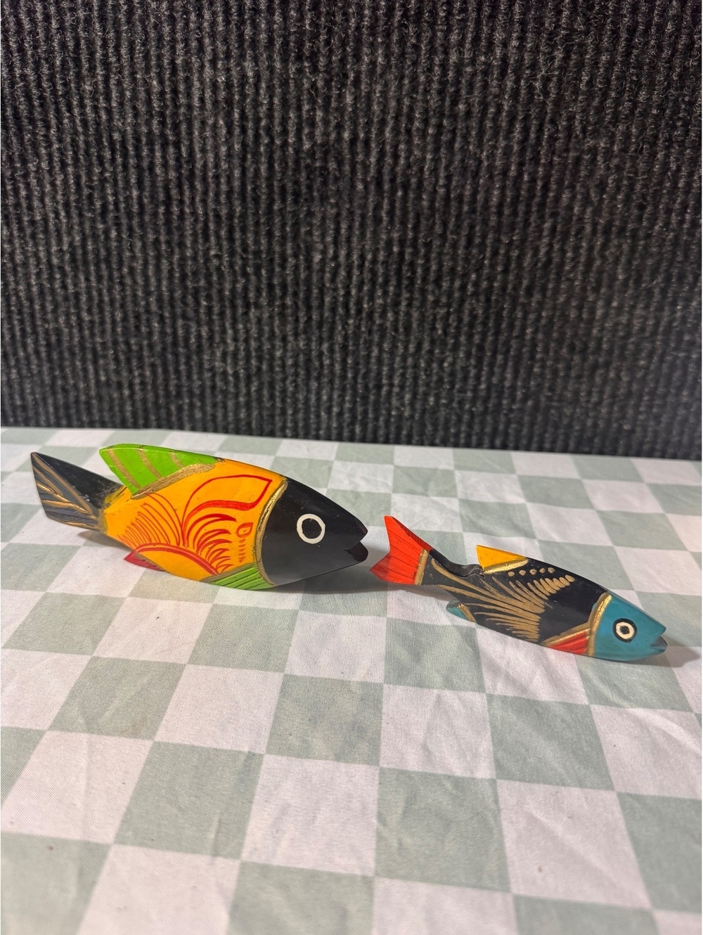 Set of Two Colorful Hand-Painted Wooden Fish Figurines
